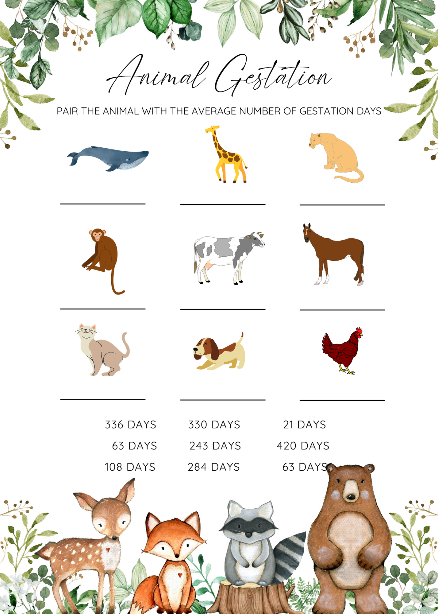 Animal Gestation Game Sheet