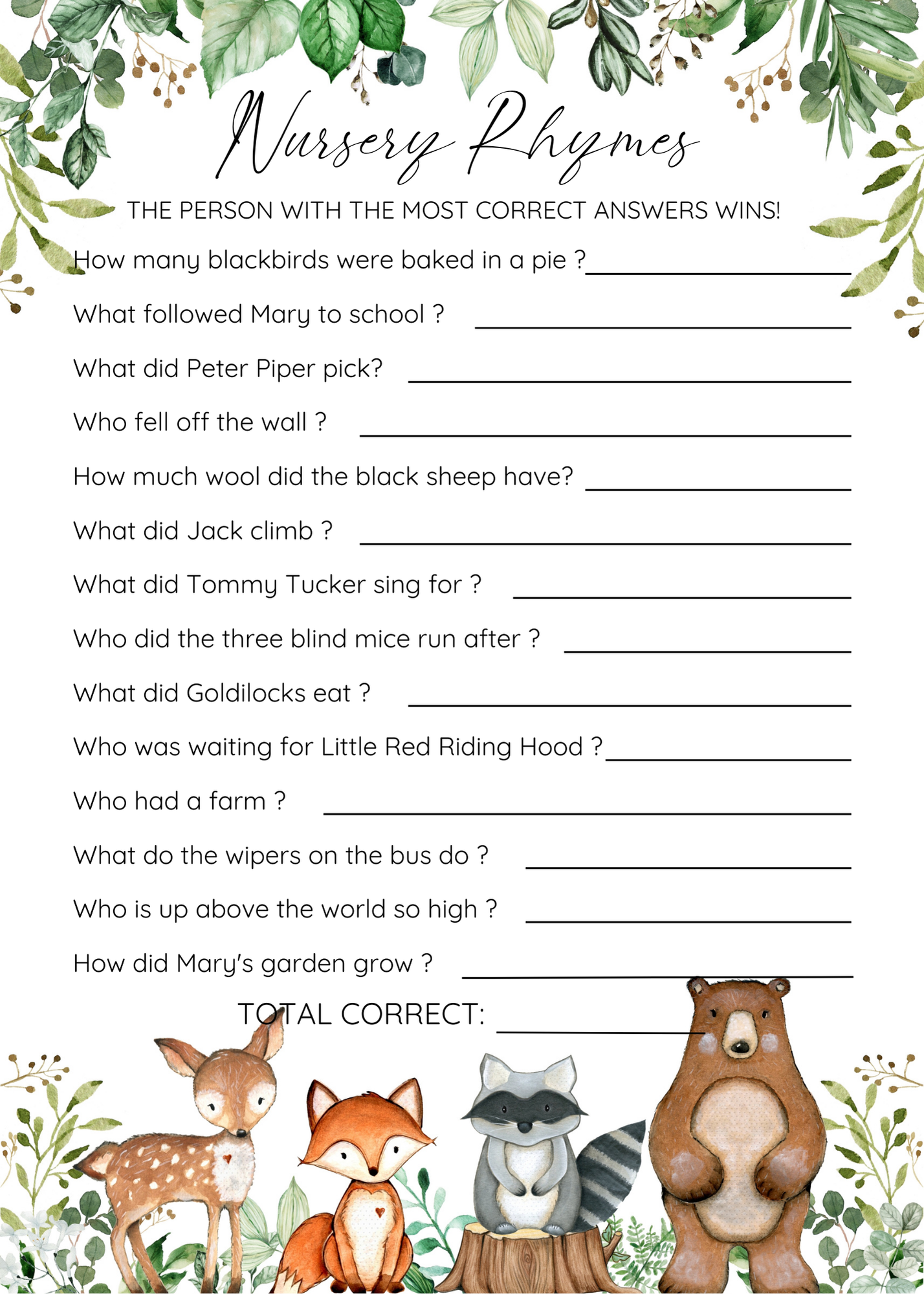 Nursery Rhyme Quiz Game Sheet