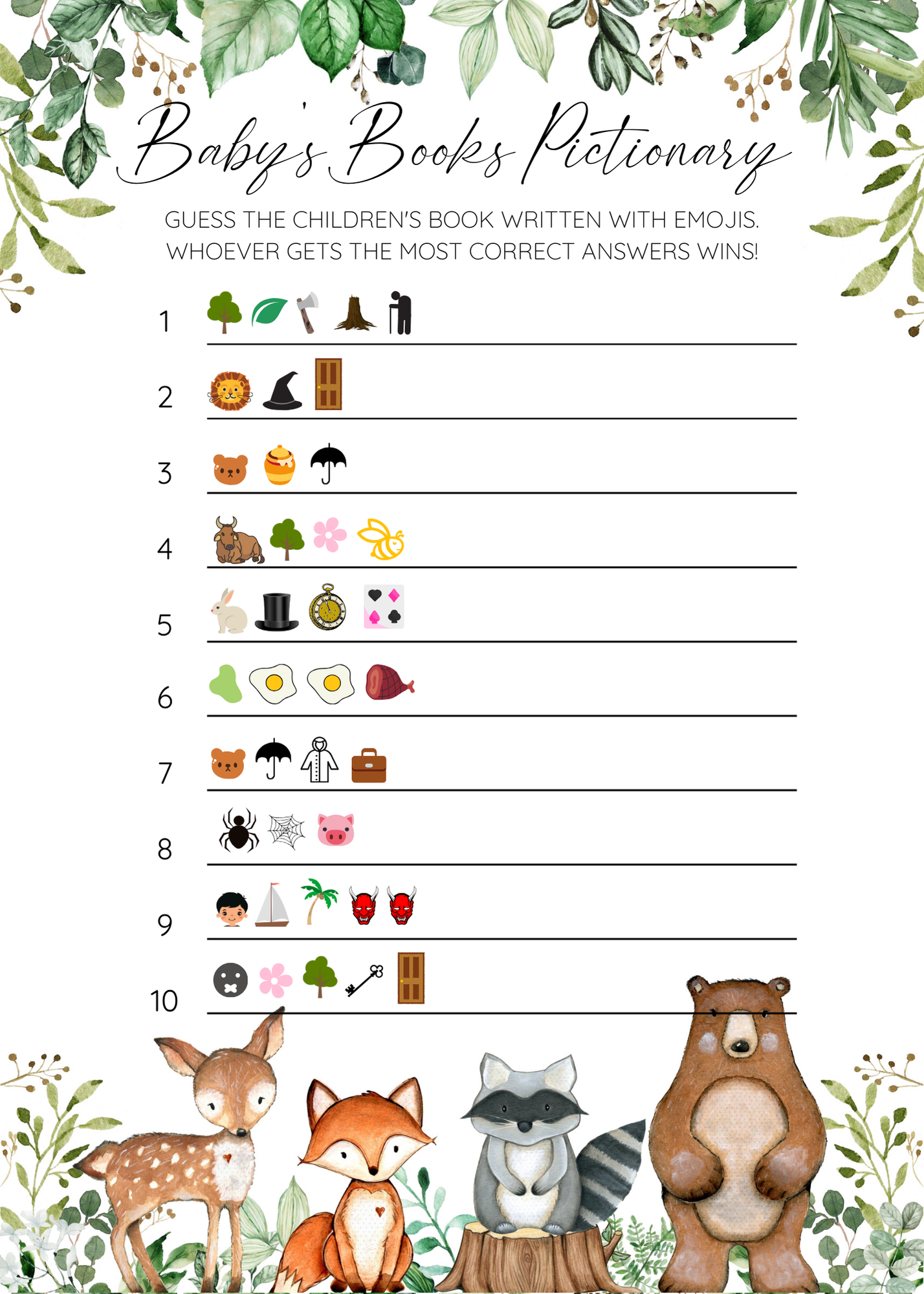 Baby Books Pictionary Game Sheet